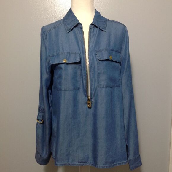 Michael Kors blue and gold denim 3/4 zip up shirt size M - Picture 4 of 7